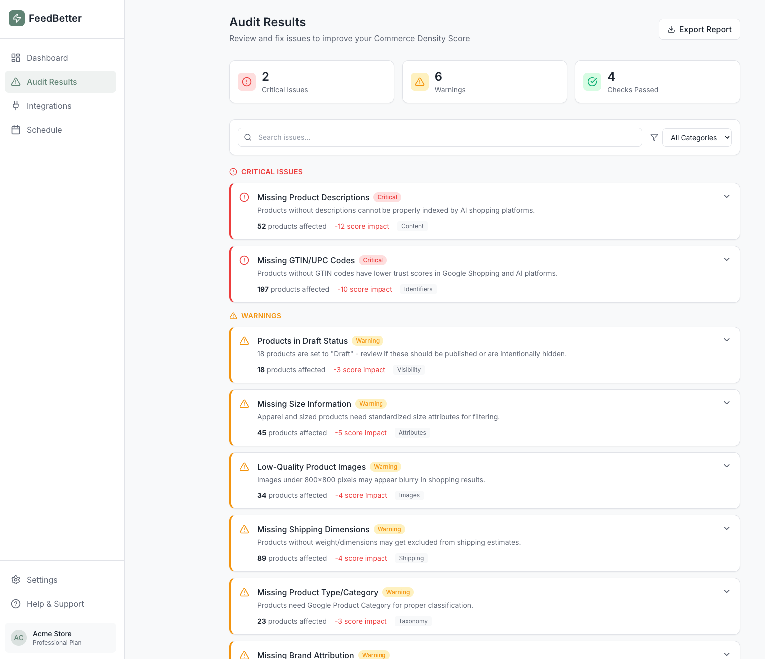 Audit Results showing 2 critical issues, 6 warnings, and 4 passed checks